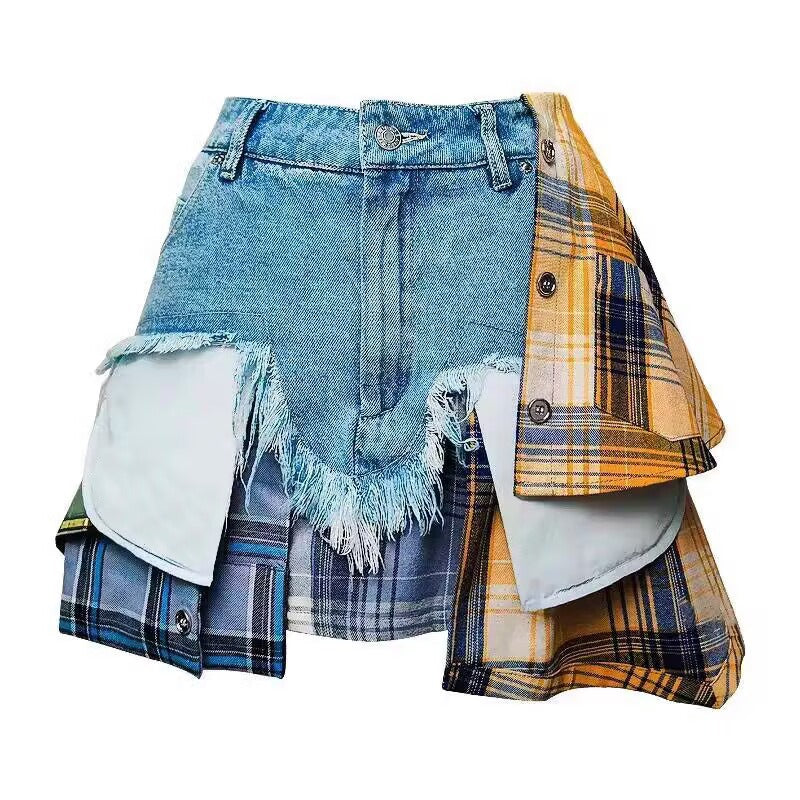 Harajuku style irregular plaid patchwork denim mini skirt for women, featuring frayed details and button closure in blue and grey variations.