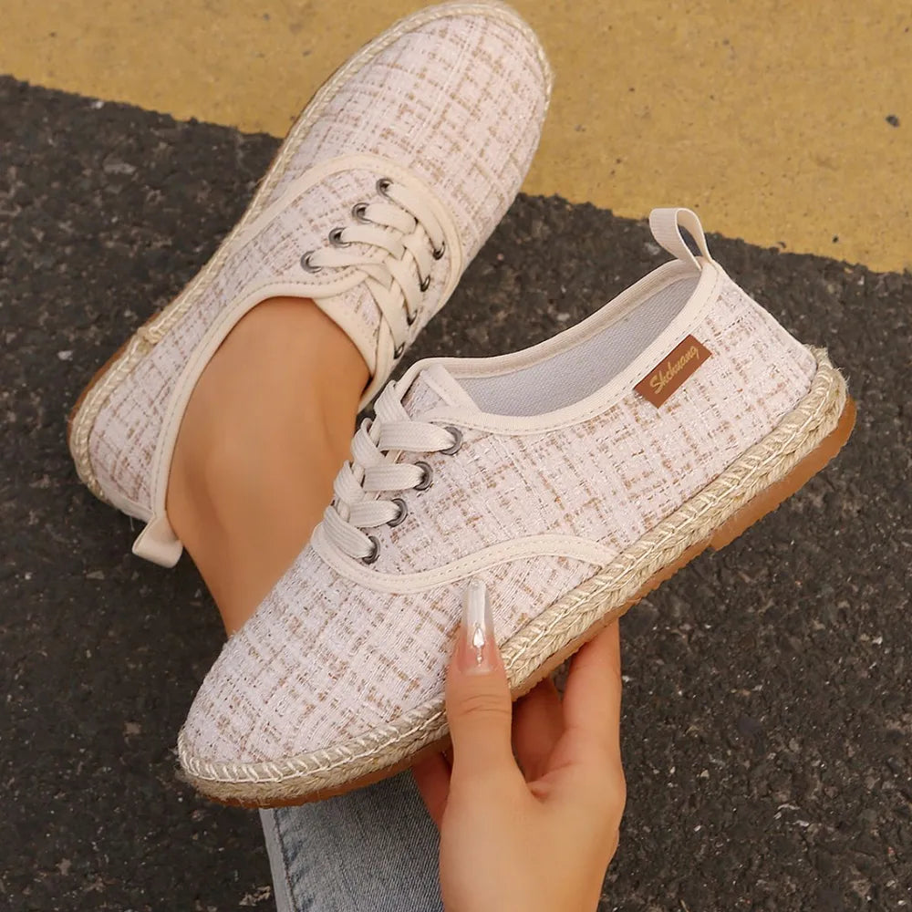 Tweed Lace-Up Round Toe Flat Sneakers Plaid Casual Shoes