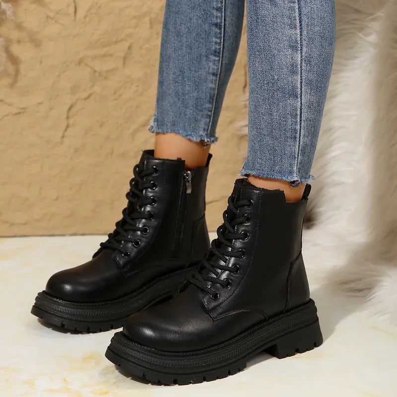 Women's Cream Thick-Soled Combat Ankle Boots - Lace-Up - Image 5