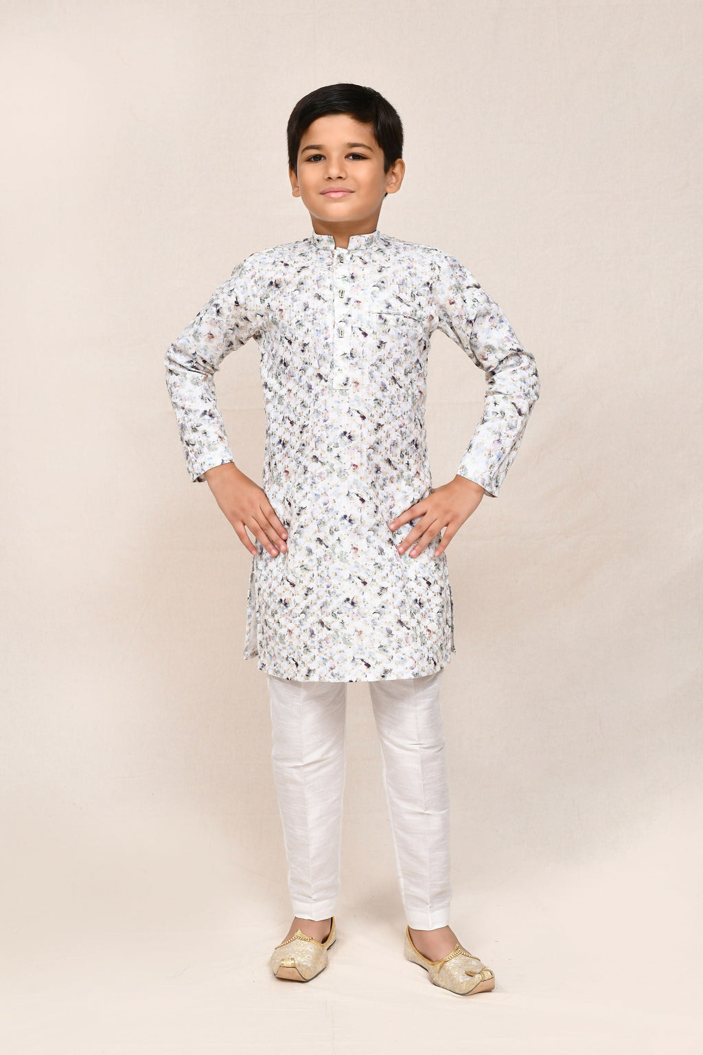 White cotton kurta featuring zari work with white straight fit art silk pant