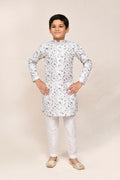 White cotton kurta featuring zari work with white straight fit art silk pant