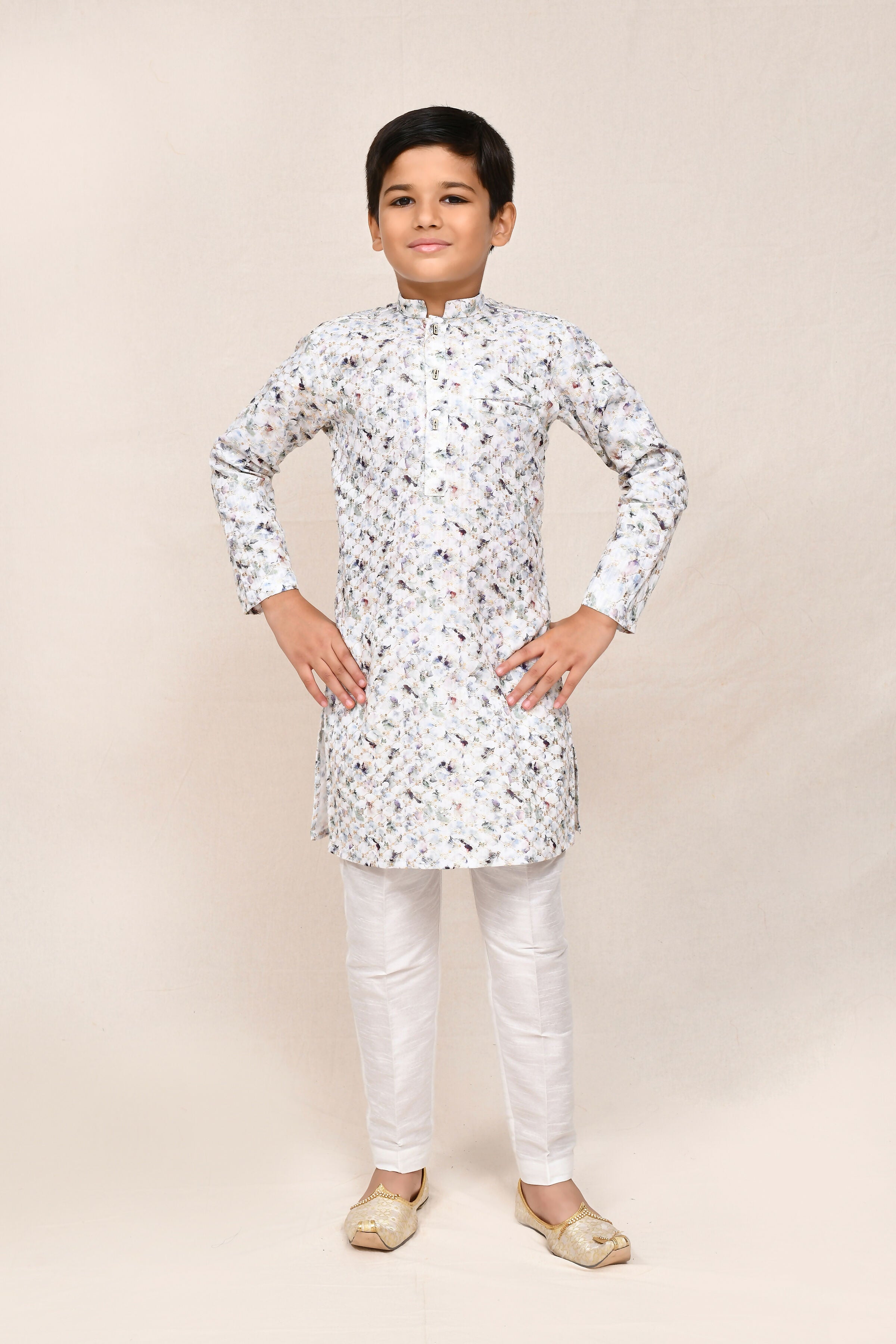 White cotton kurta featuring zari work with white straight fit art silk pant