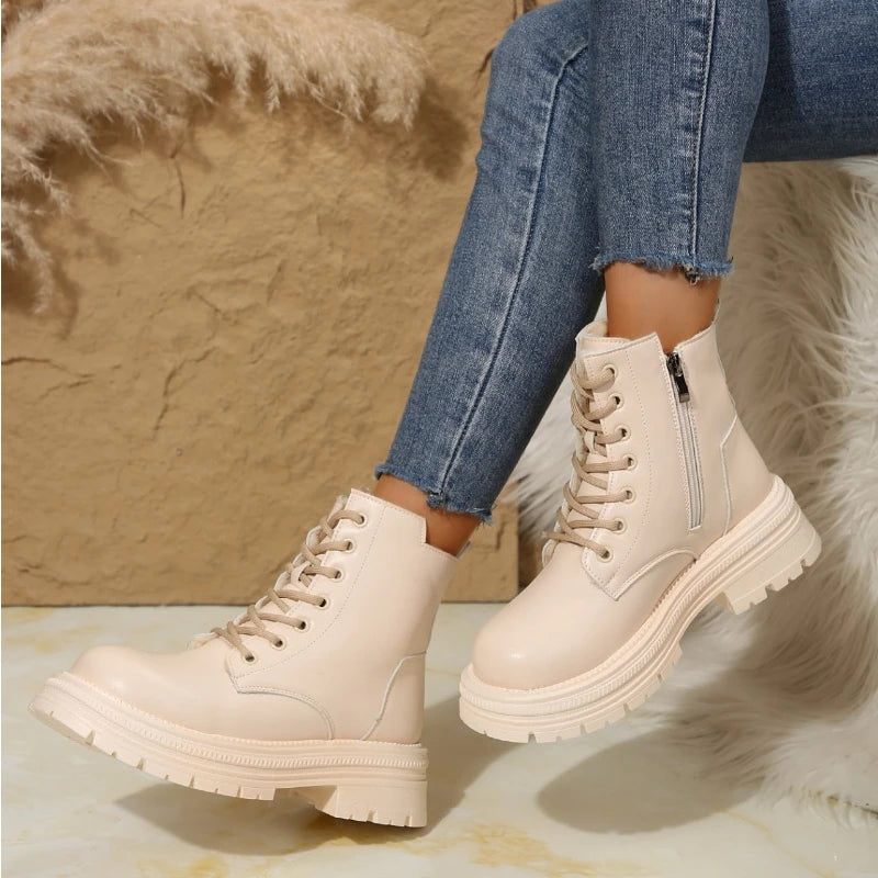 Women's Cream Thick-Soled Combat Ankle Boots - Lace-Up - Image 2