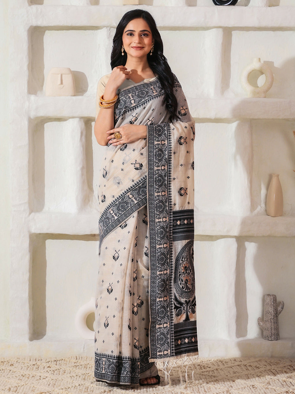 Black and Cream Linen Cotton Saree with Matching Blouse