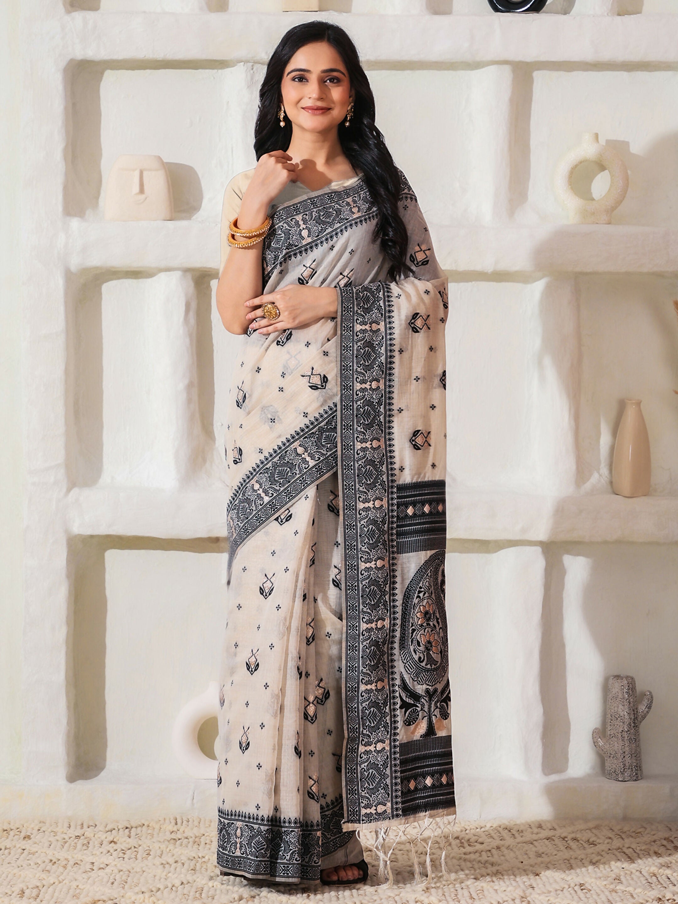 Black and Cream Linen Cotton Saree with Matching Blouse