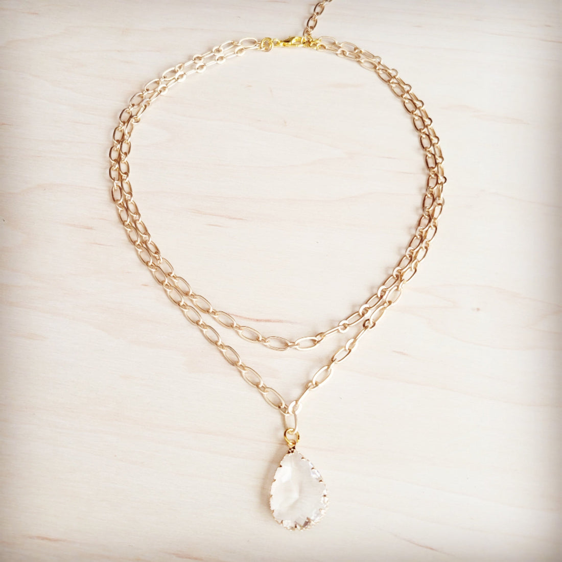 Double Strand Gold Chain Necklace with Teardrop Pendant