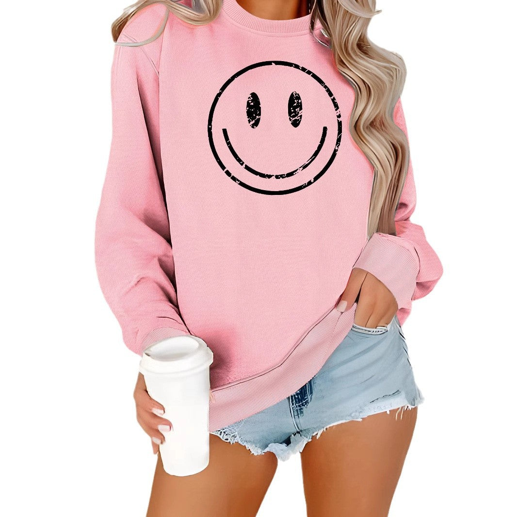 Grey Cartoon Smiley Face Printed Hoodie for Harajuku Style fashion