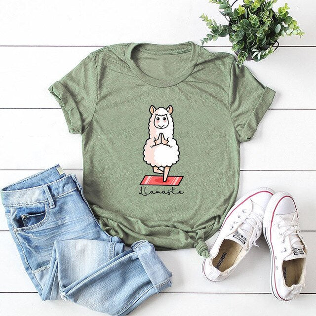 Women's Cotton Graphic T-Shirt - 'Llamaste' Sheep Print Tee - Image 9