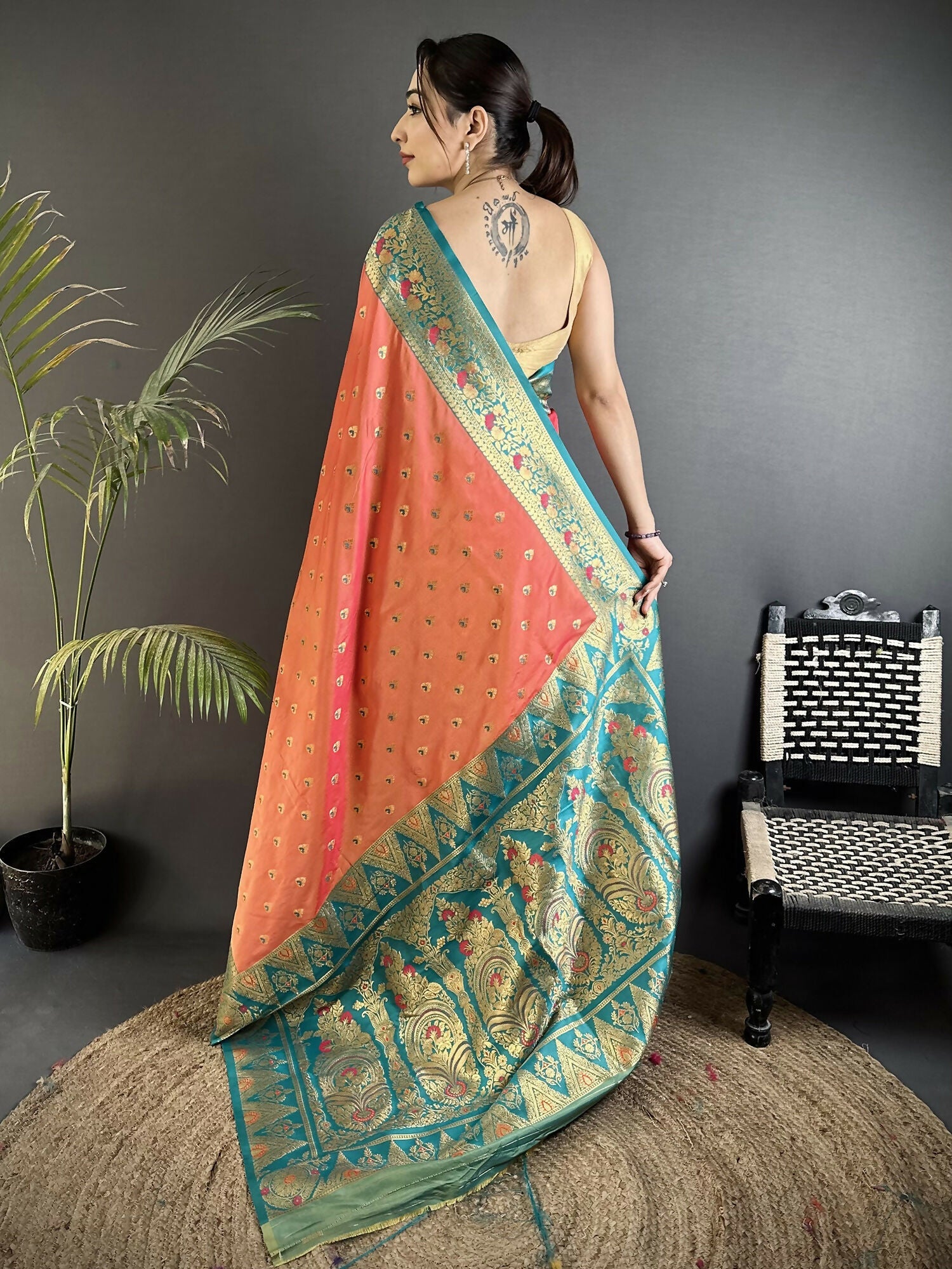 Coral Pink Soft Silk Banarasi Saree with Intricate Motifs