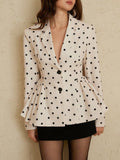 Polka Dot Peplum Blazer | Fitted Waist Deep V Notch Lapel | Ivory White