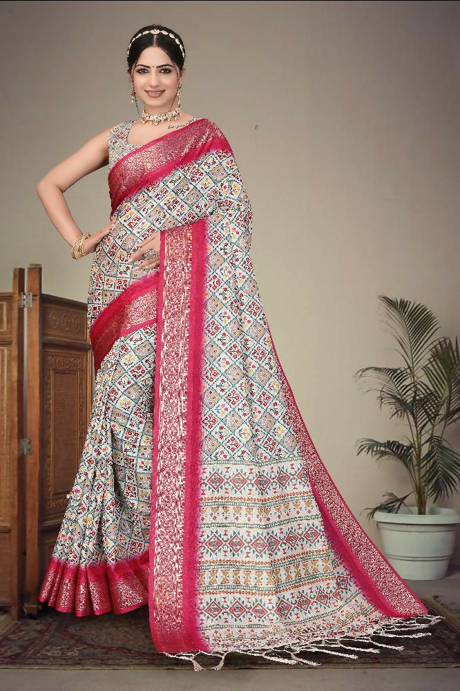 Multi-color heavy cotton silk saree with digital prints and jacquard weave texture.