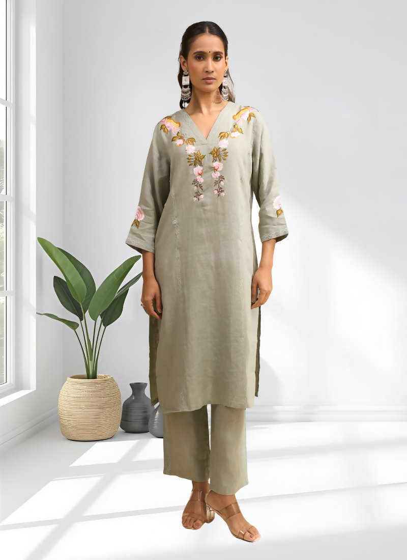Pista Green Linen Embroidered Cord Set - Festive Readymade Co-ord