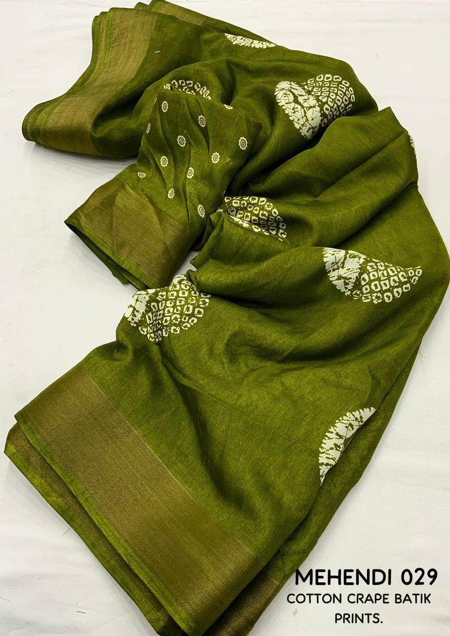 Mehndi Cotton Crepe Batik Print Saree with Zari Pattu Border