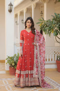 Jyoti Fashion orange faux georgette Anarkali dress with intricate gold sequins and zari embroidery, floor-length style.