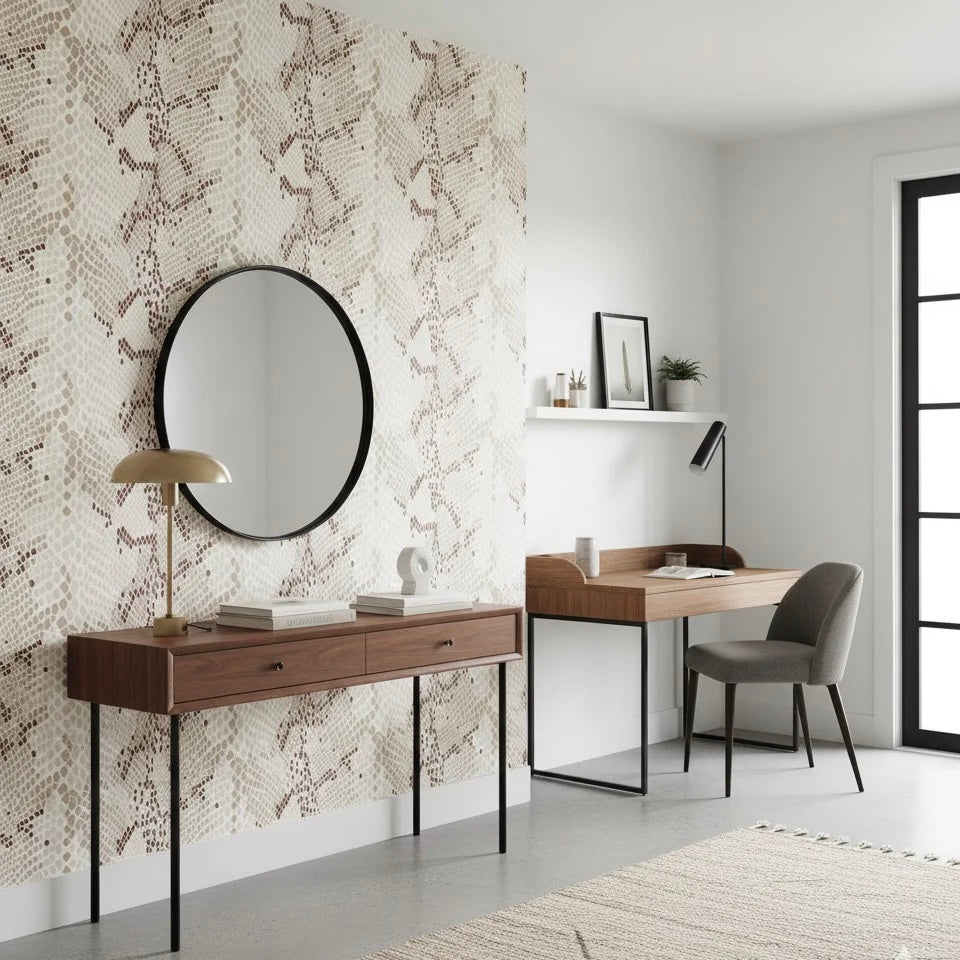 Modern Salazar animal print wallpaper in beige, brown, and grey tones on an accent wall