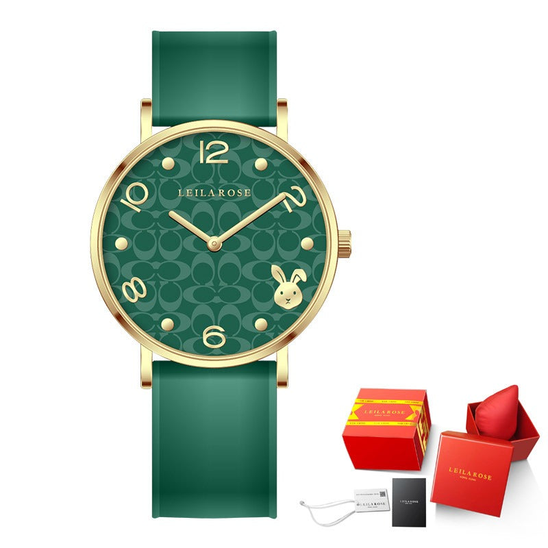 Elegant Zodiac Rabbit Women's Quartz Watch - Green & Red Strap - Image 6
