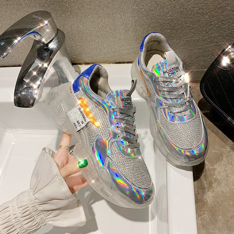 Dazzling Holographic Mesh Platform Sneakers for Women - Image 4