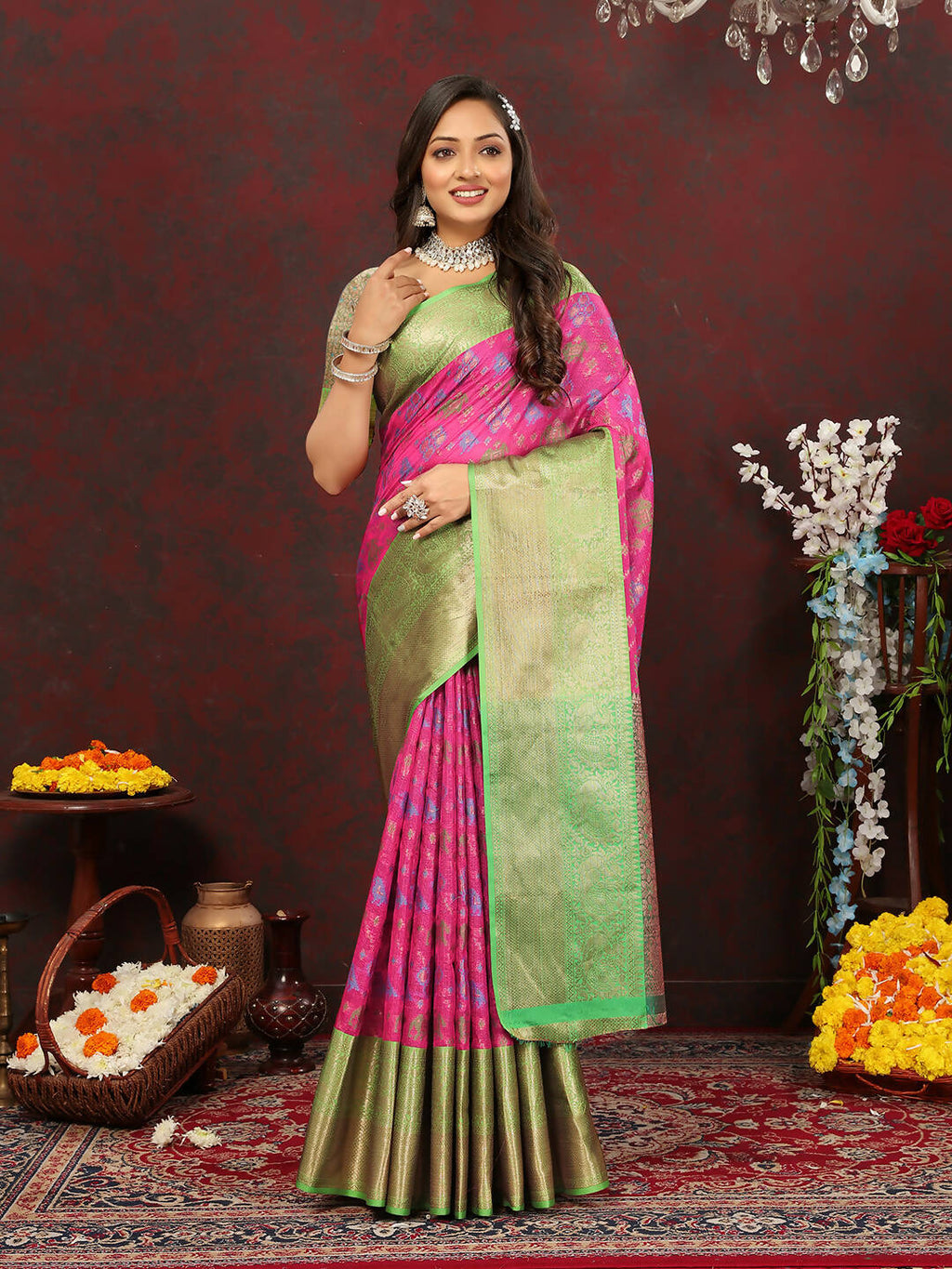 Pink cotton saree with zari meenakari weaving and a matching silk blouse