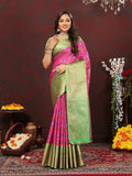 Pink cotton saree with zari meenakari weaving and a matching silk blouse