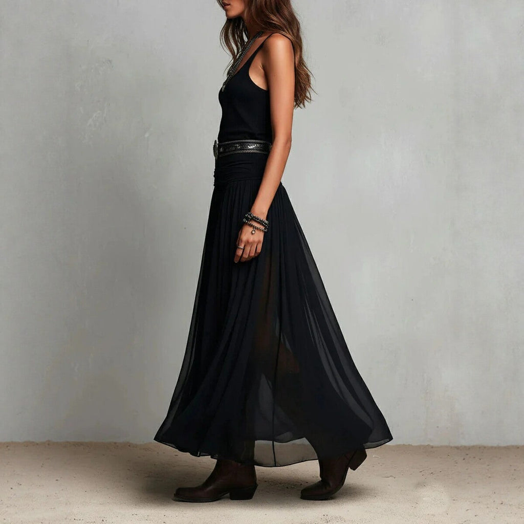 Black Mesh Strap Maxi Dress V-Neck Pleated Chiffon Evening Gown