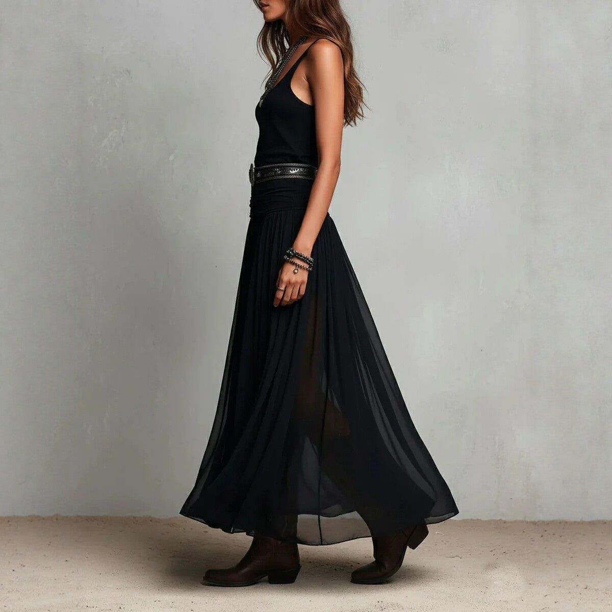 Black Mesh Strap Maxi Dress V-Neck Pleated Chiffon Evening Gown