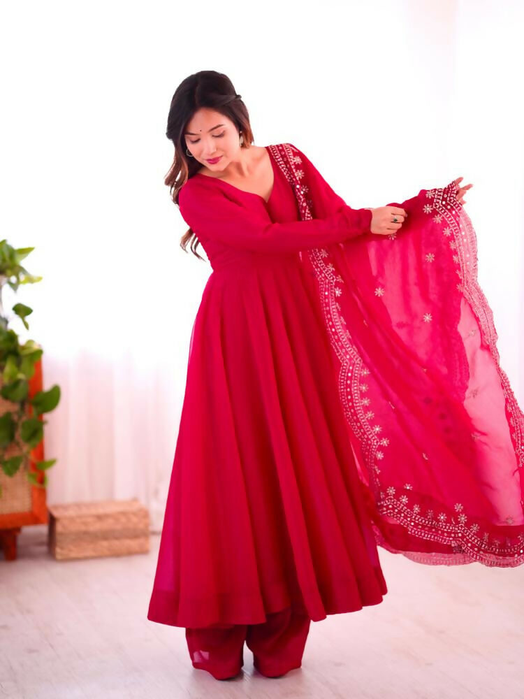 Red Chinnon Silk Sequence Embroidery Readymade Kurta Set
