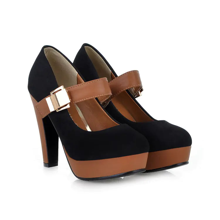 Women Navy and Tan Platform Mary Jane Heels with Buckle - Image 22