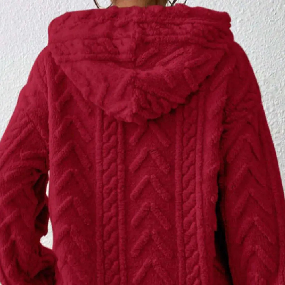 Women's Plush Textured Pullover Hoodie with Drawstring - Image 3