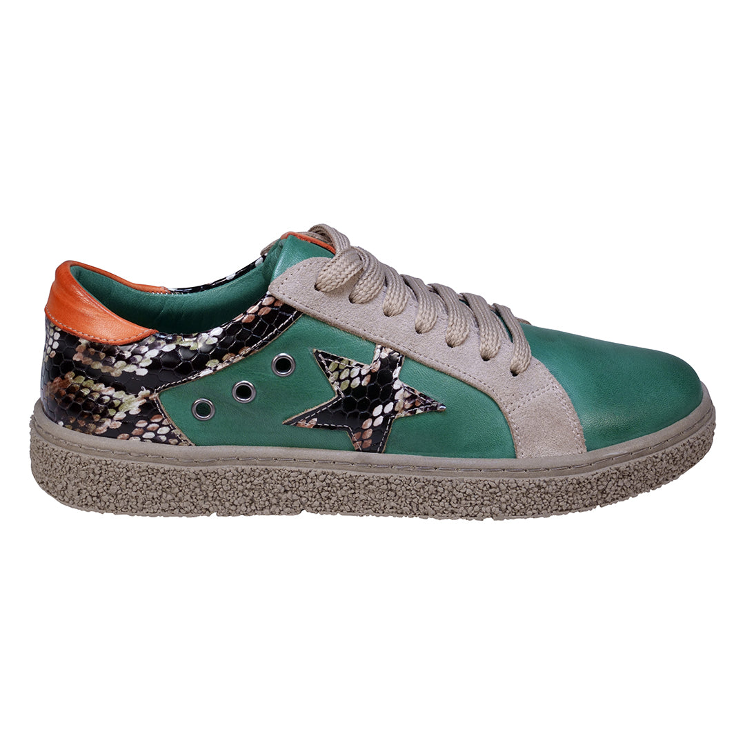 Charlee Green Snake Skin Two-Tone Star Motif Lace Up Sneakers