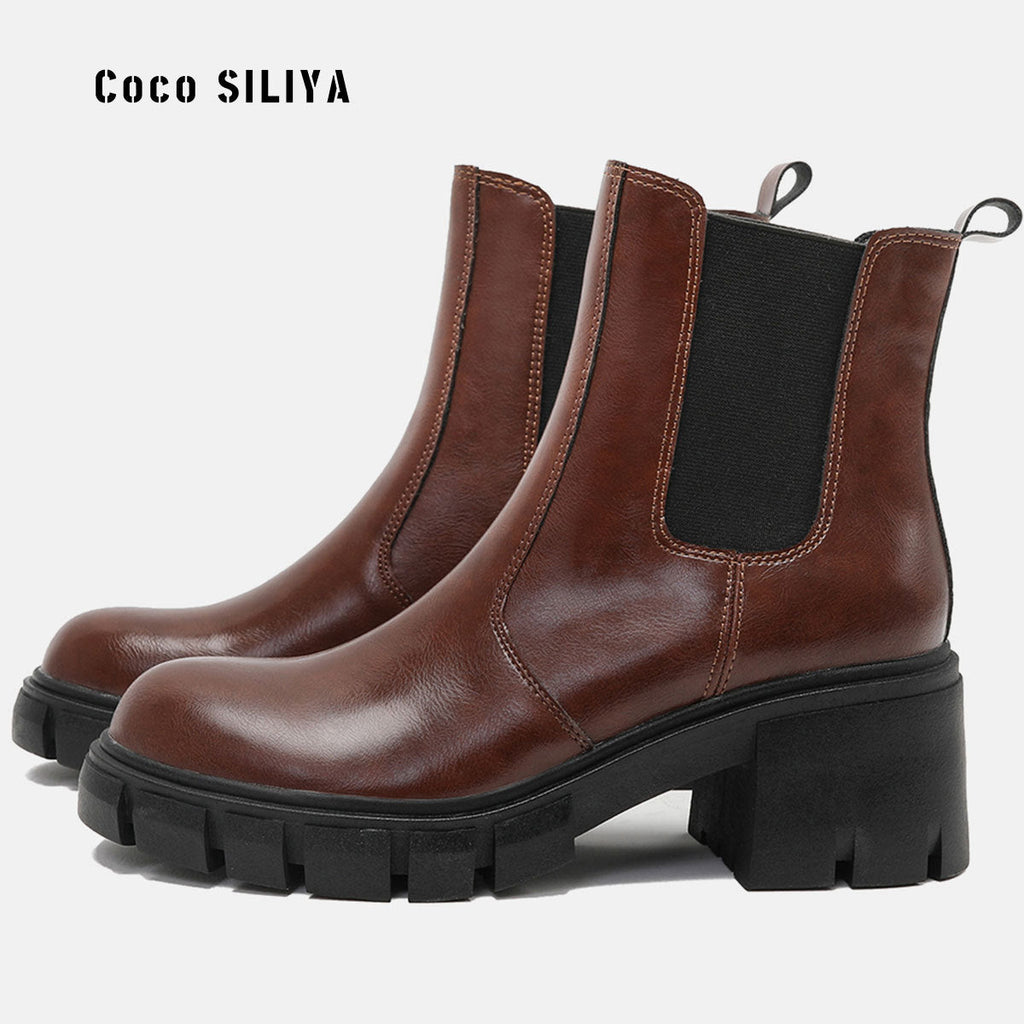 Women's Chunky Lug Sole Chelsea Boots - Black & Brown Platform - Image 5