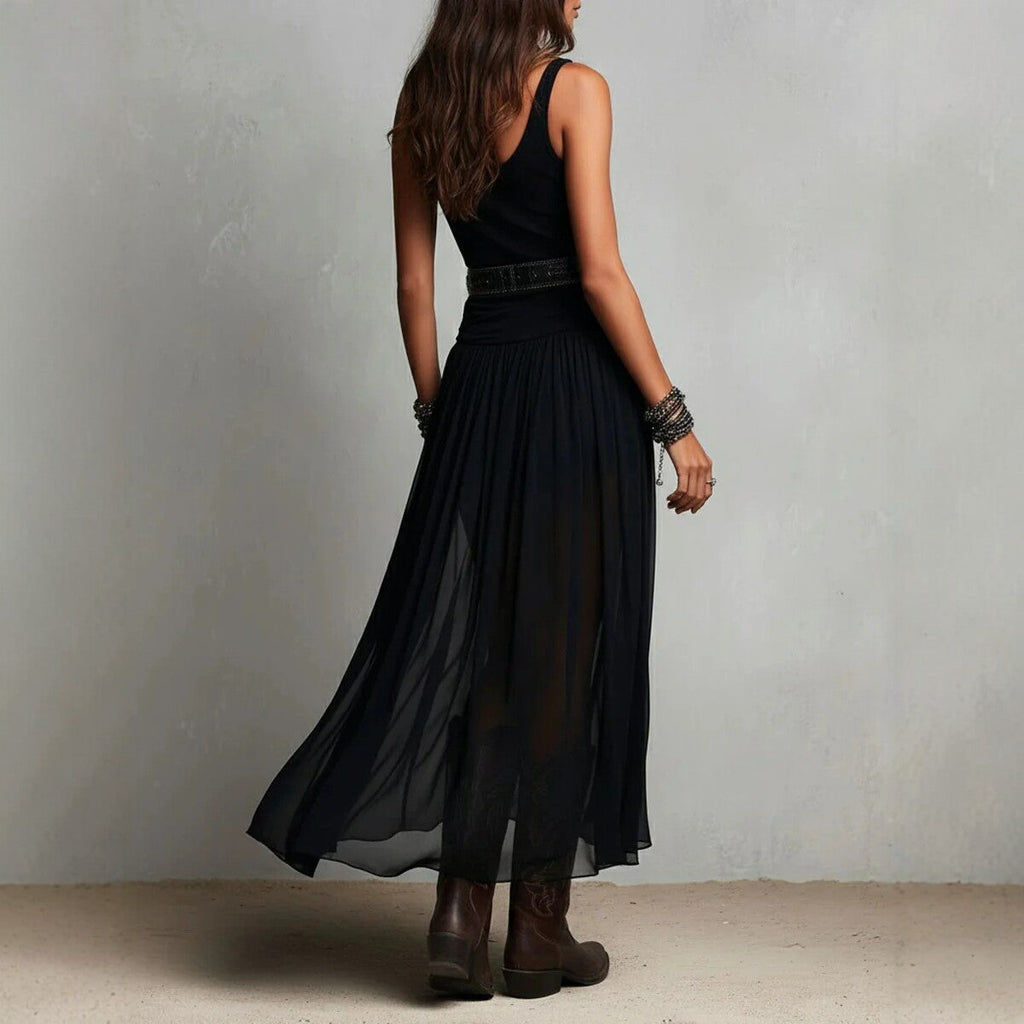 Black Mesh Strap Maxi Dress V-Neck Pleated Chiffon Evening Gown