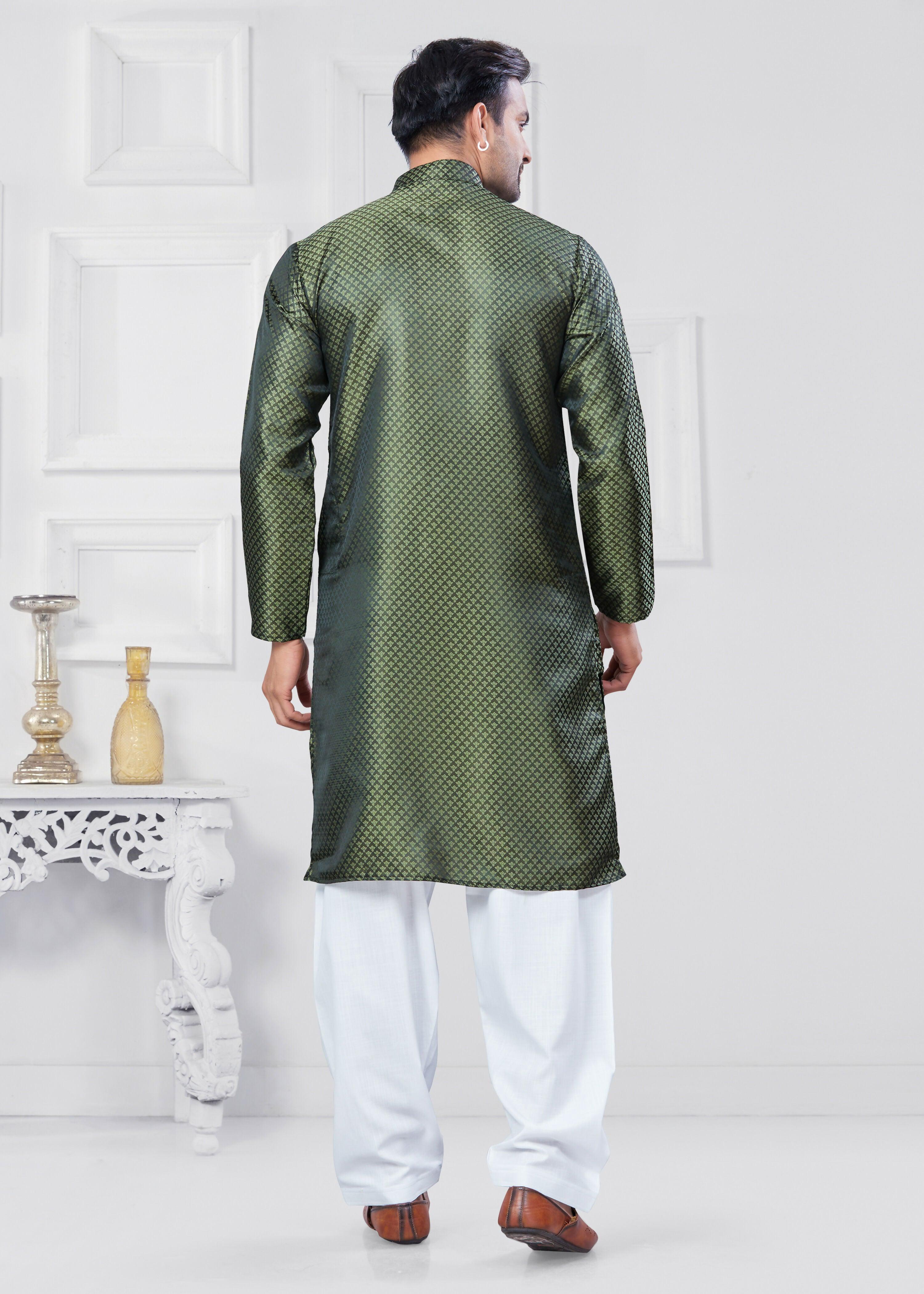 Men's Jacquard Silk Green Printed Kurta Pyjama Set - Traditional