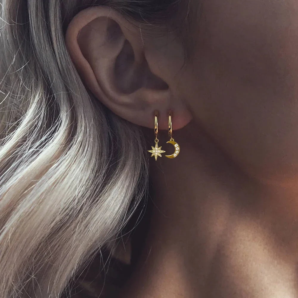 SUNIBI Stainless Steel Drop Earrings for Women Girl Star Moon Pendant Earrings Fashion Party Gifits Wedding Jewelry Wholesale