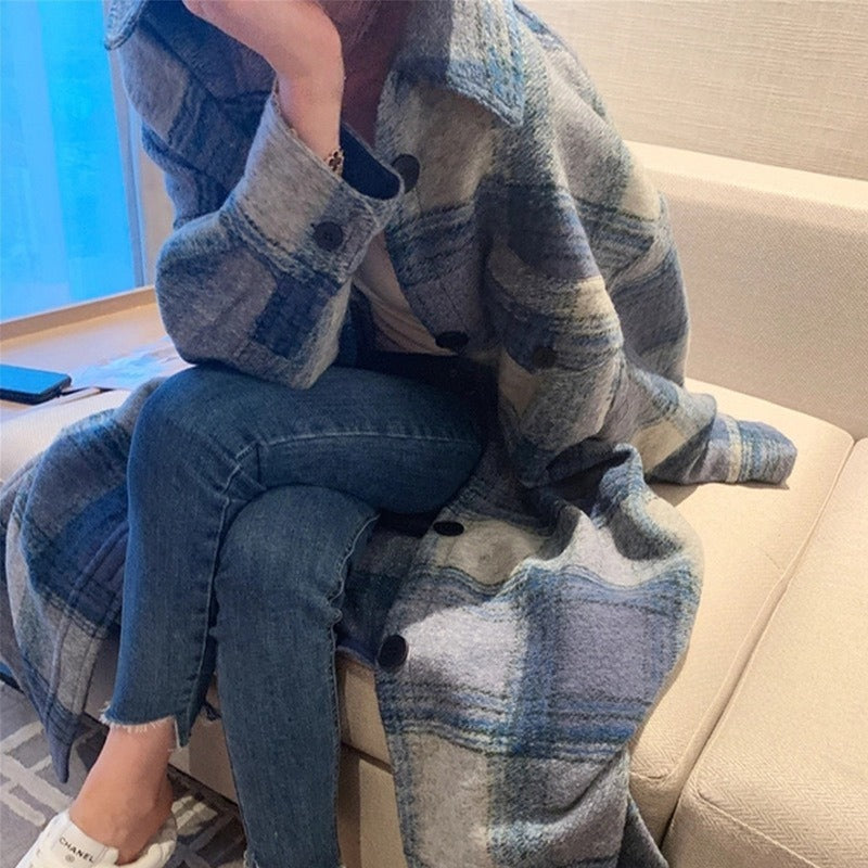 Women’s Blue Plaid Long Woolen Coat Loose Harajuku Streetwear