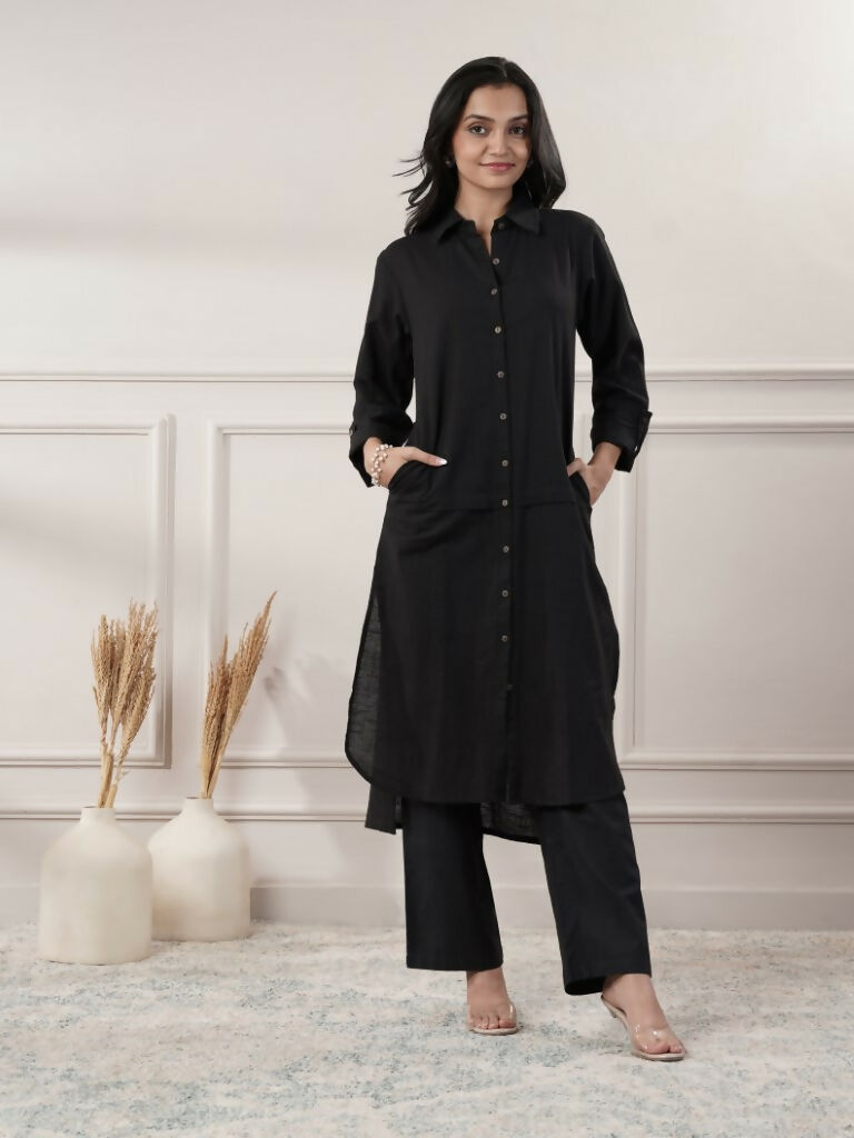 Black cotton midi dress with button detailing and collar neck for women