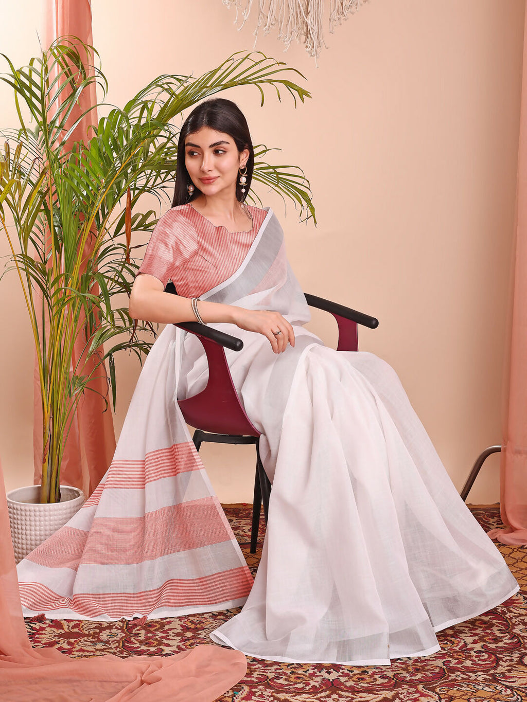 The White Loom White Linen Cotton Saree with Blouse Piece