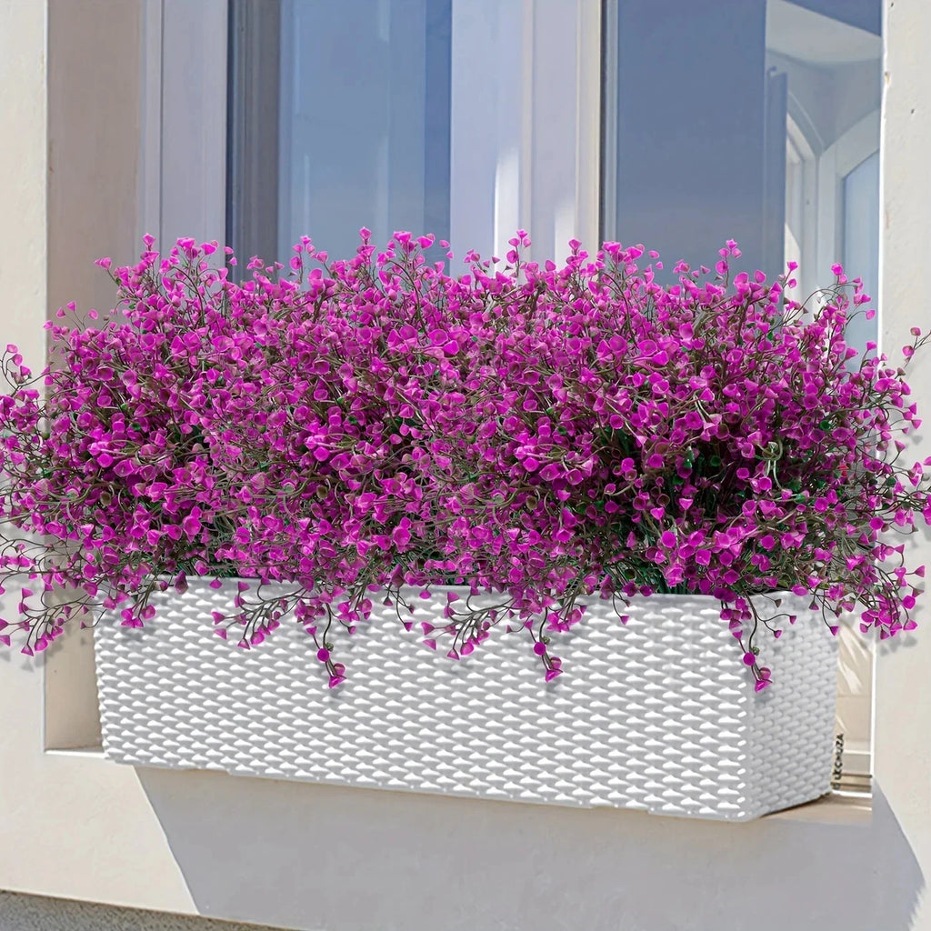 12 Bunches Outdoor Artificial Flowers UV Resistant Plastic Shrubs Decorative Plants for Garden Edging Window Boxes Fake Greene