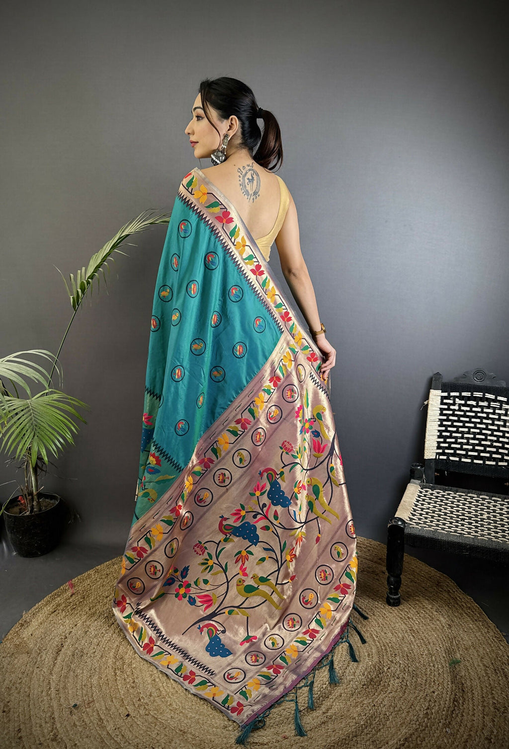 Cyan Blue Paithani Soft Silk Saree with Meenakari Work
