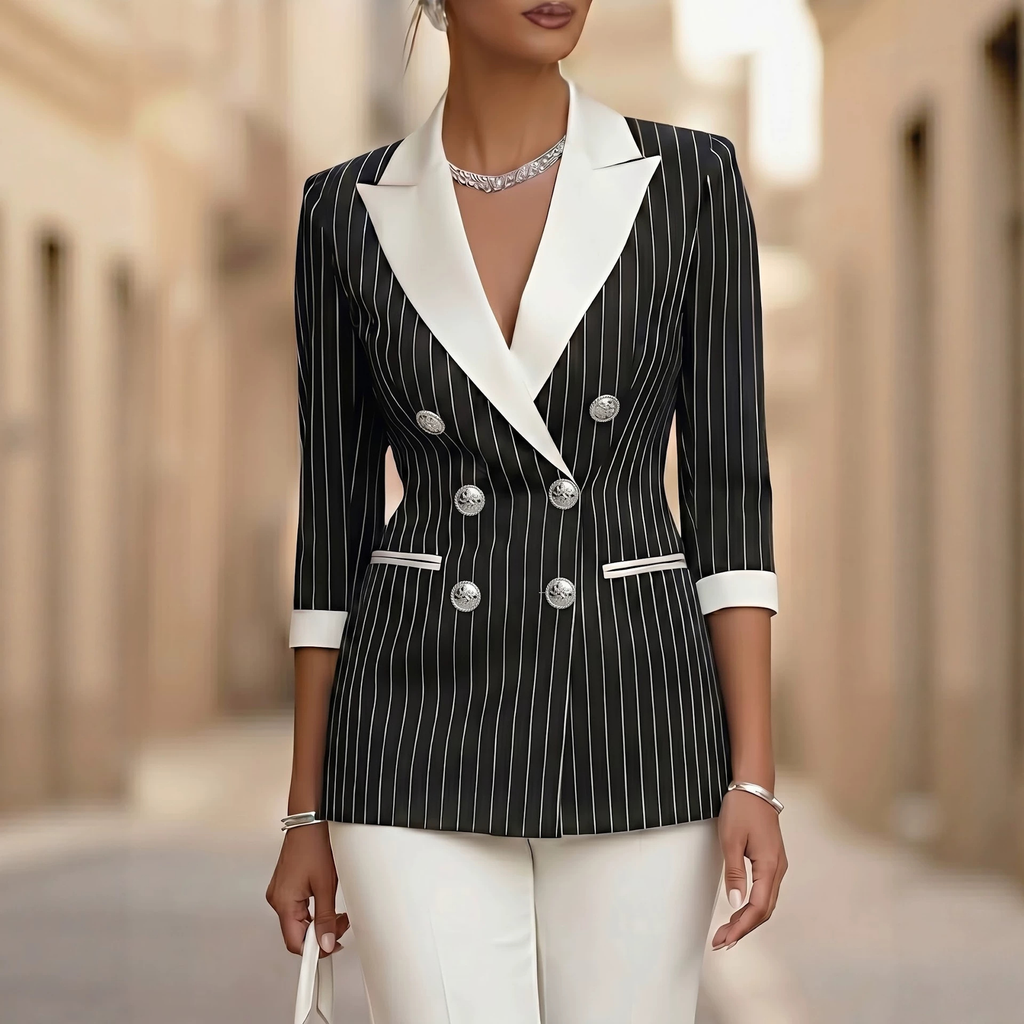Pinstripe Double-Breasted Blazer | Contrast Lapel & Silver Buttons | Black