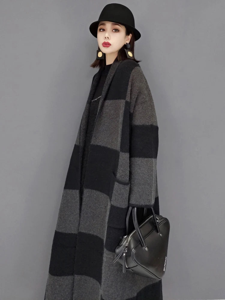 Women's Harajuku Plaid Knitted Longline Coat - Vintage Style - Image 6