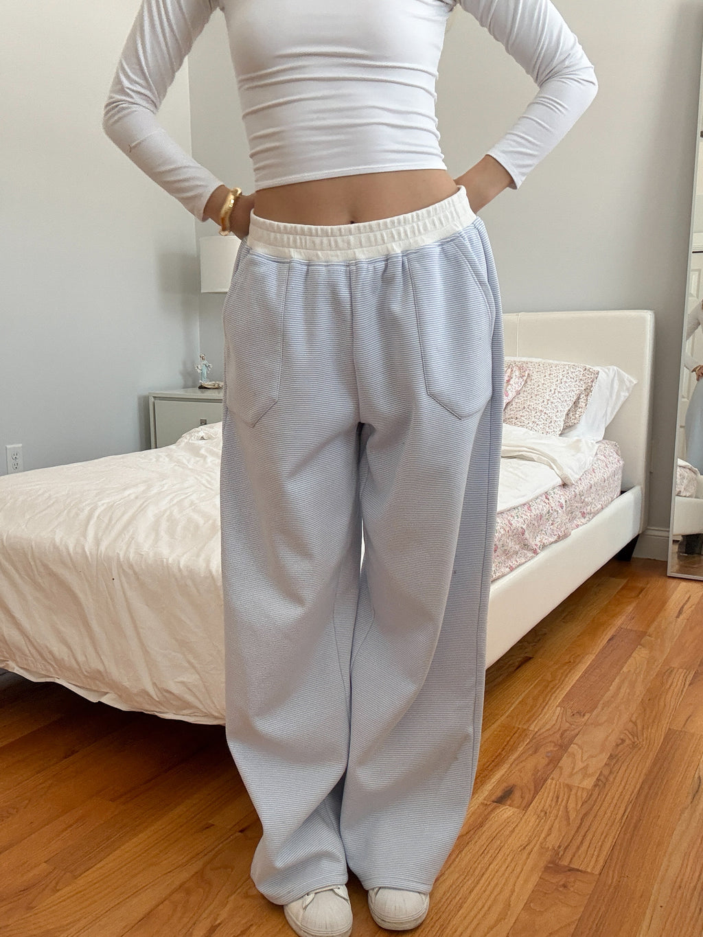 Blue and White Mini Striped Unisex Sweatpants Lounge Bottoms