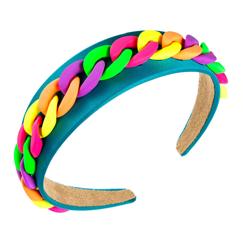 Vibrant Wide Braided Headband with Macaron Color Chain - Image 3