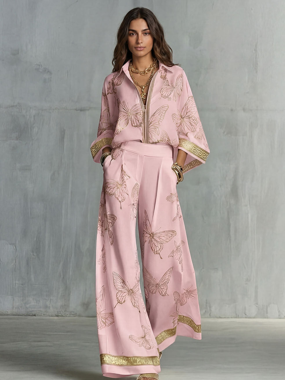 Deep V-Neck Zipper Top and Wide Leg Pants Two-Piece Set