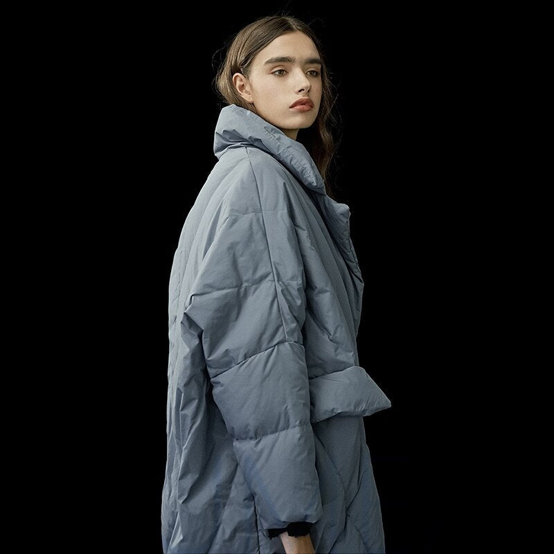 Oversized Slate Blue Quilted Down Coat for Women - Long Puffer Style - Image 2