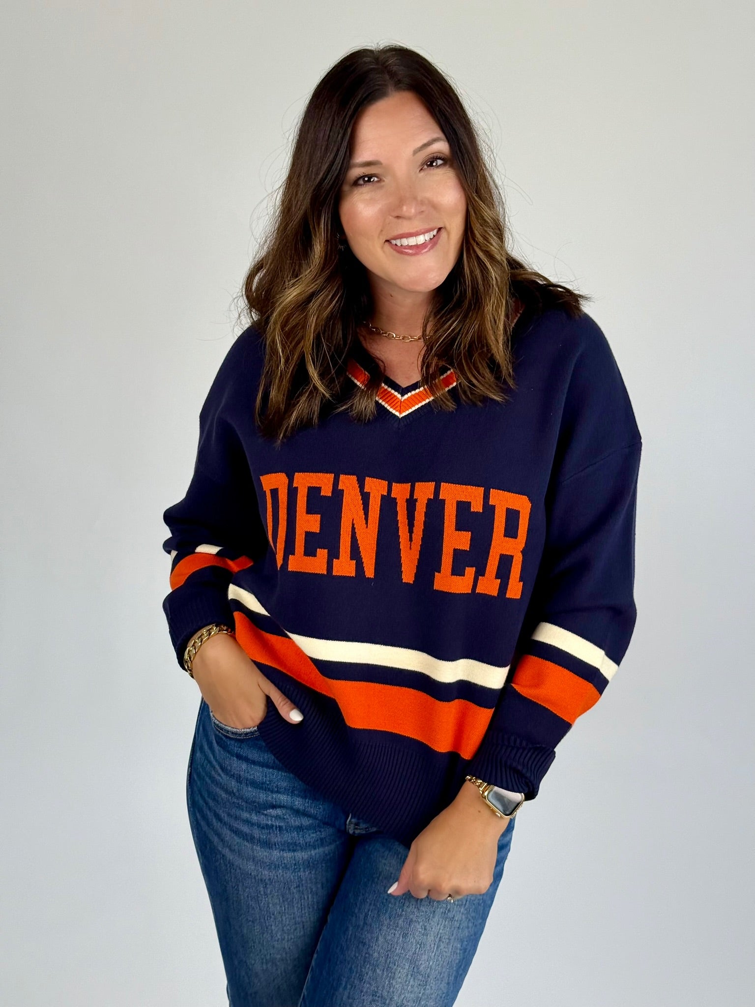 Denver University Varsity Sweater - Preppy Navy Orange Knit Top