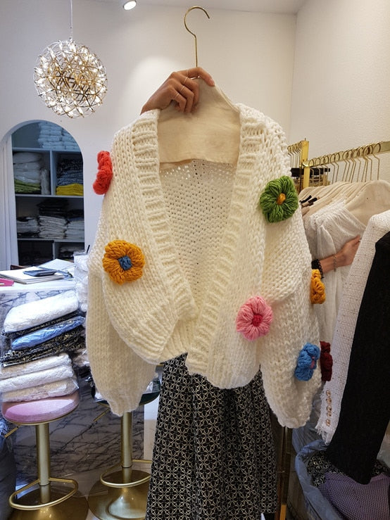 Women's 3D Flower Knit Cardigan Cream Chunky Floral Sweater Jacket - Image 7