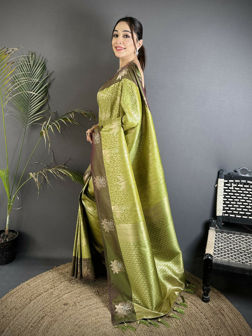Dusty Green Dharmavaram Soft Silk Saree with Intricate Zari Weaving