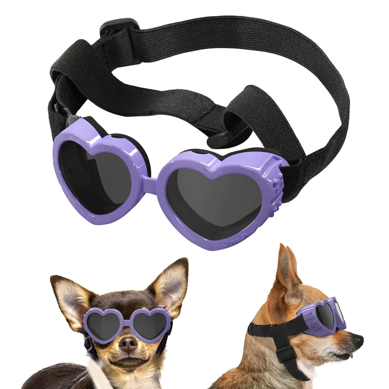 Lewondr Small Dog Sunglasses UV Protection Goggles Eye Wear Protection with Adjustable Strap Doggy Heart Shape Anti-Fog Sunglasses for Pet Dogs Sun Glasses Doggie Windproof Glasses Macaron Purple