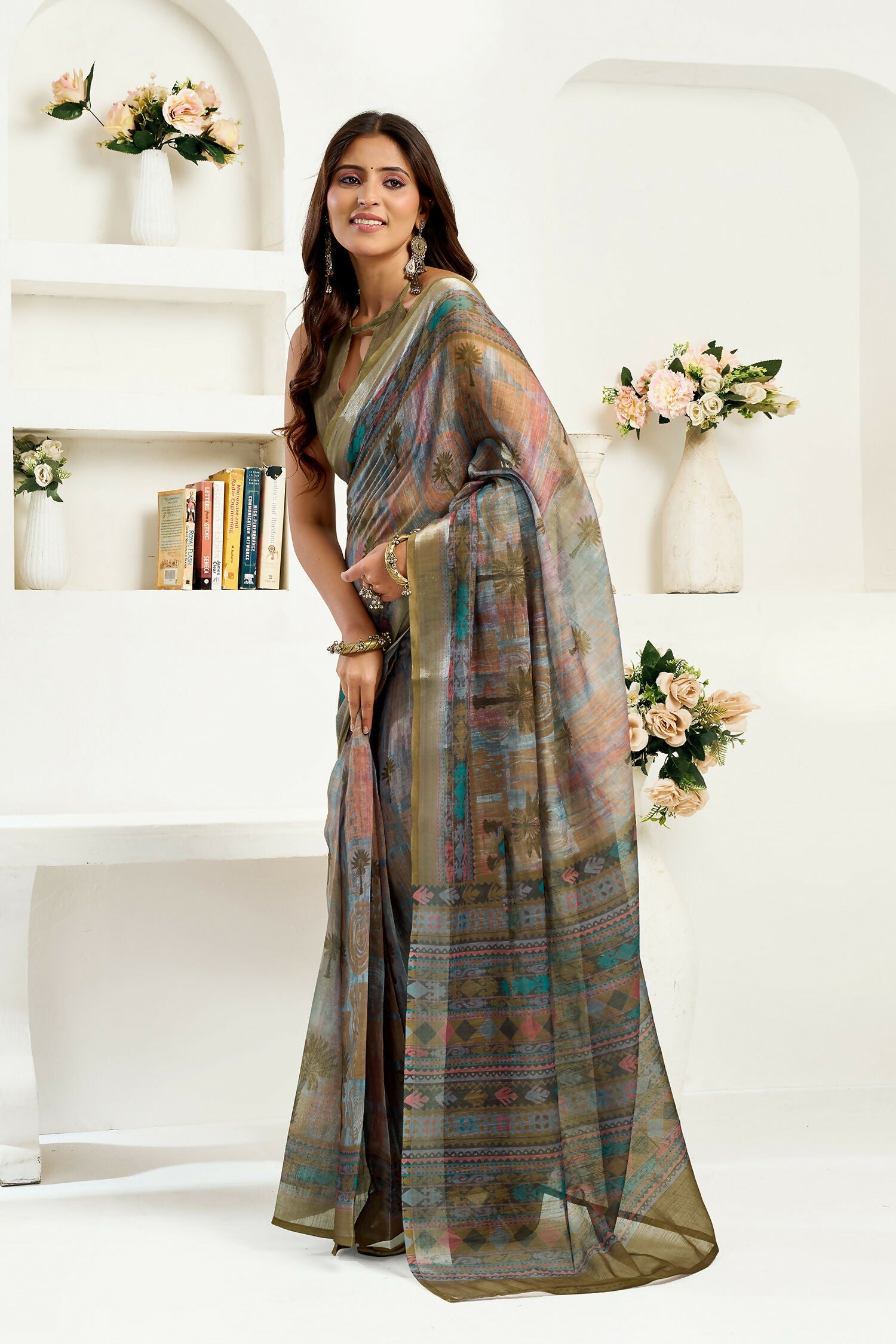 Dusty Green Floral & Ethnic Motif Linen Ready To Wear Saree
