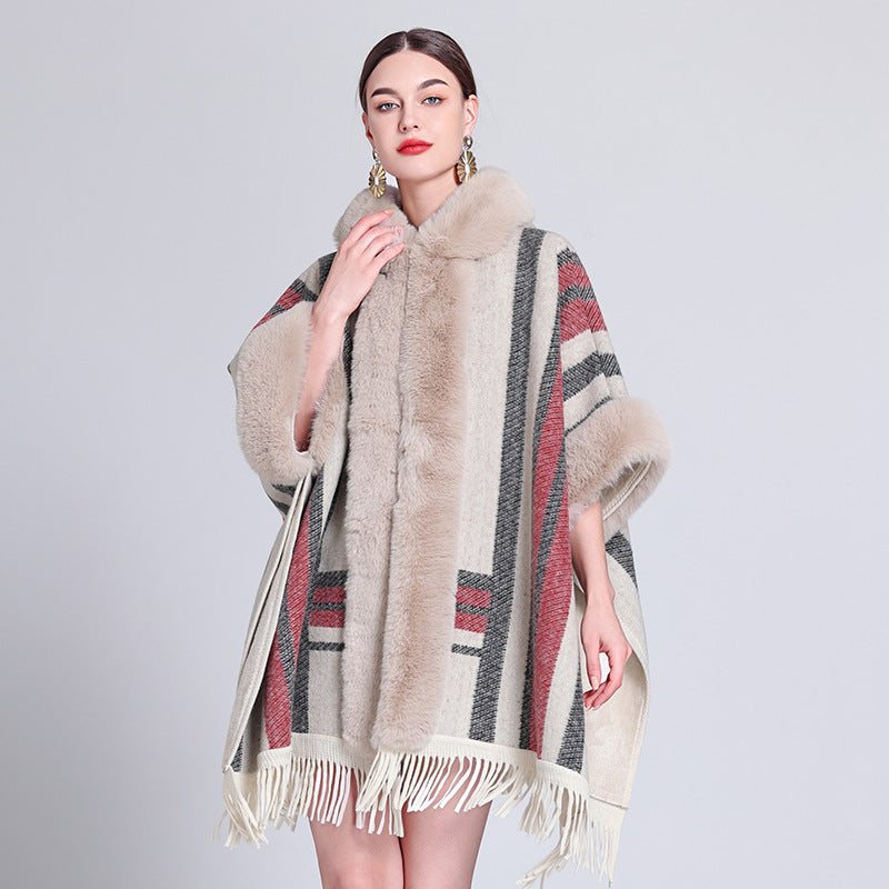 Women's Knitted Hooded Poncho with Fur Trim & Tassels for Winter